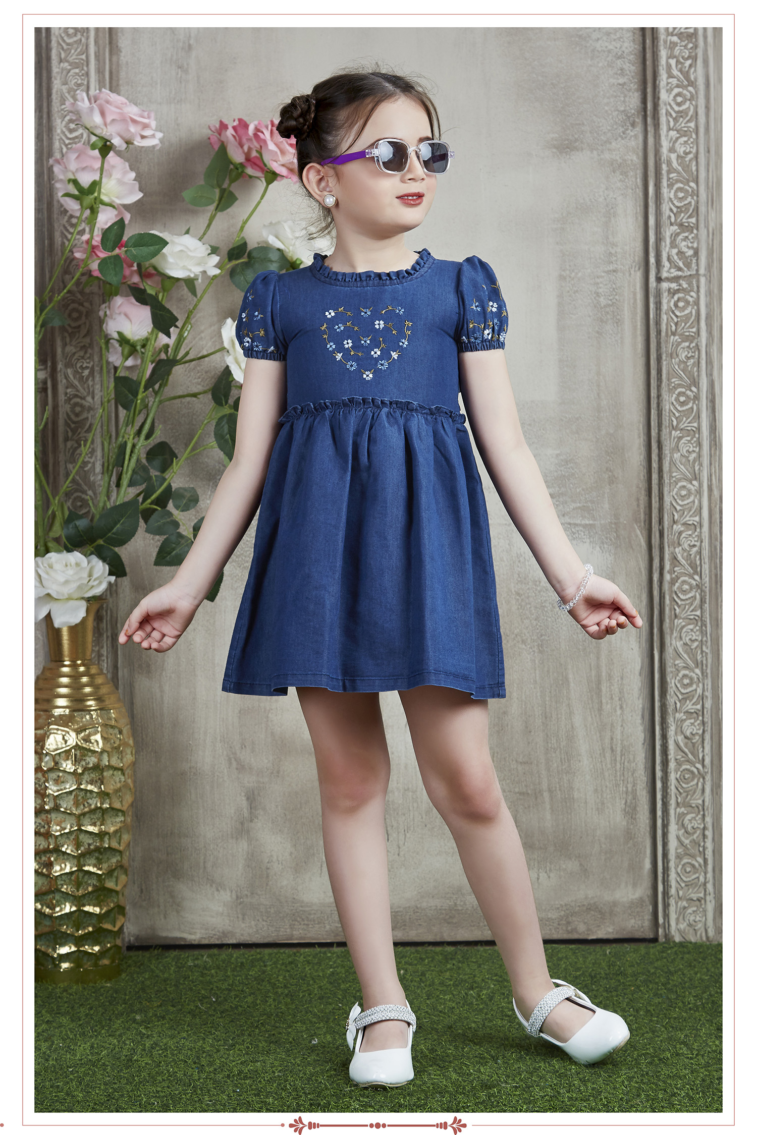 Girls Denim Frock Above Knee Party Dress