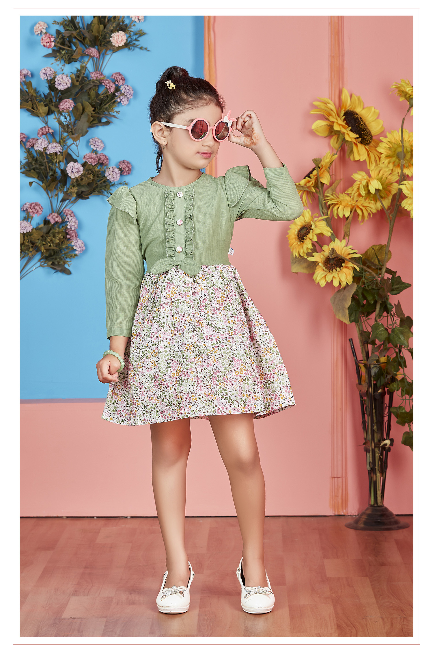 Flower-Printed Cotton Fullsleeve Frock for Girl | Soft Breathable Fabric | Summer Wear Dress