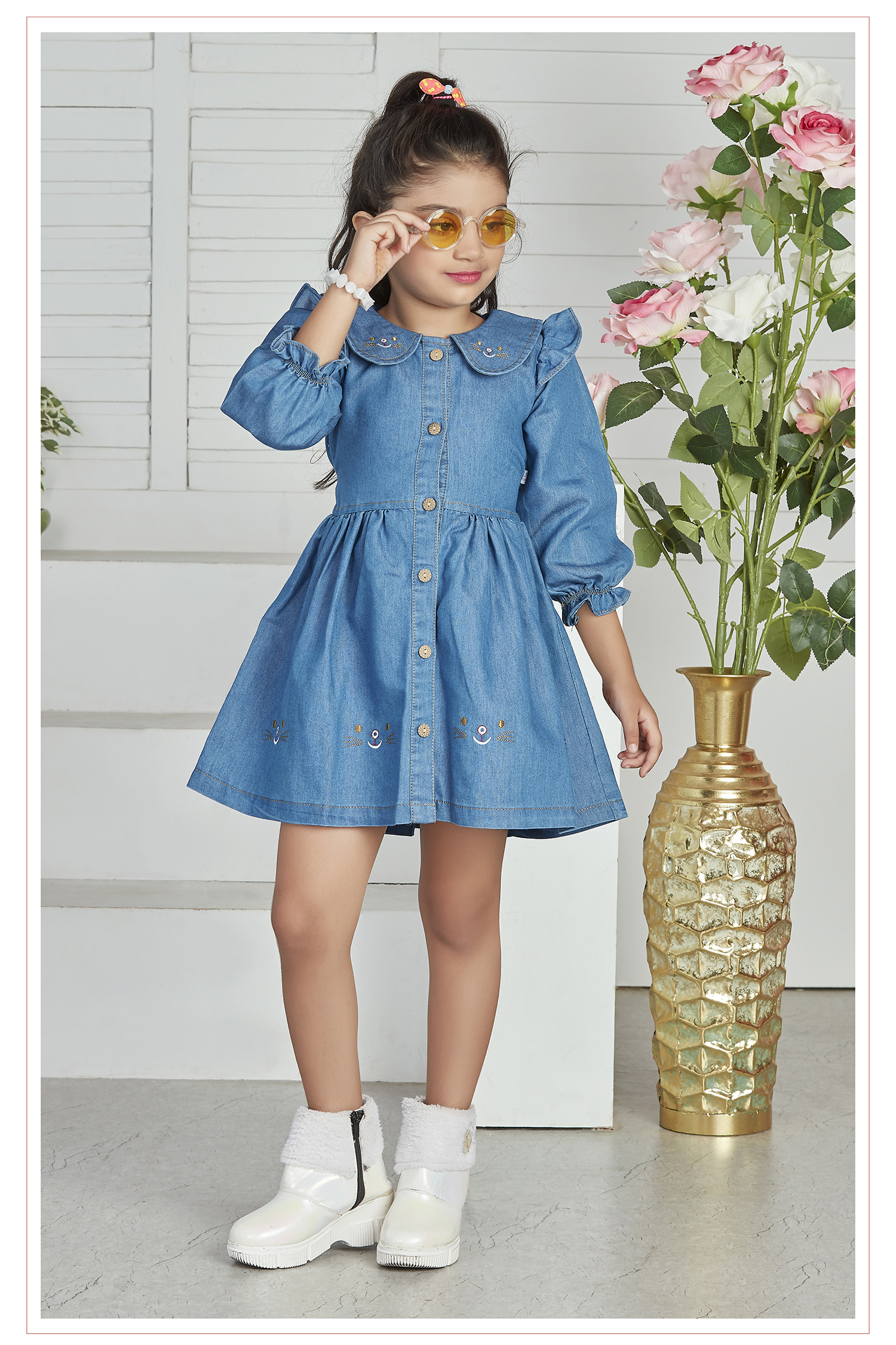 Dress for Girls | Casual denim wear for girls | Girls denim frock with buttons | Full hand balloon sleeves | Stylish collar with flare clothes for girls