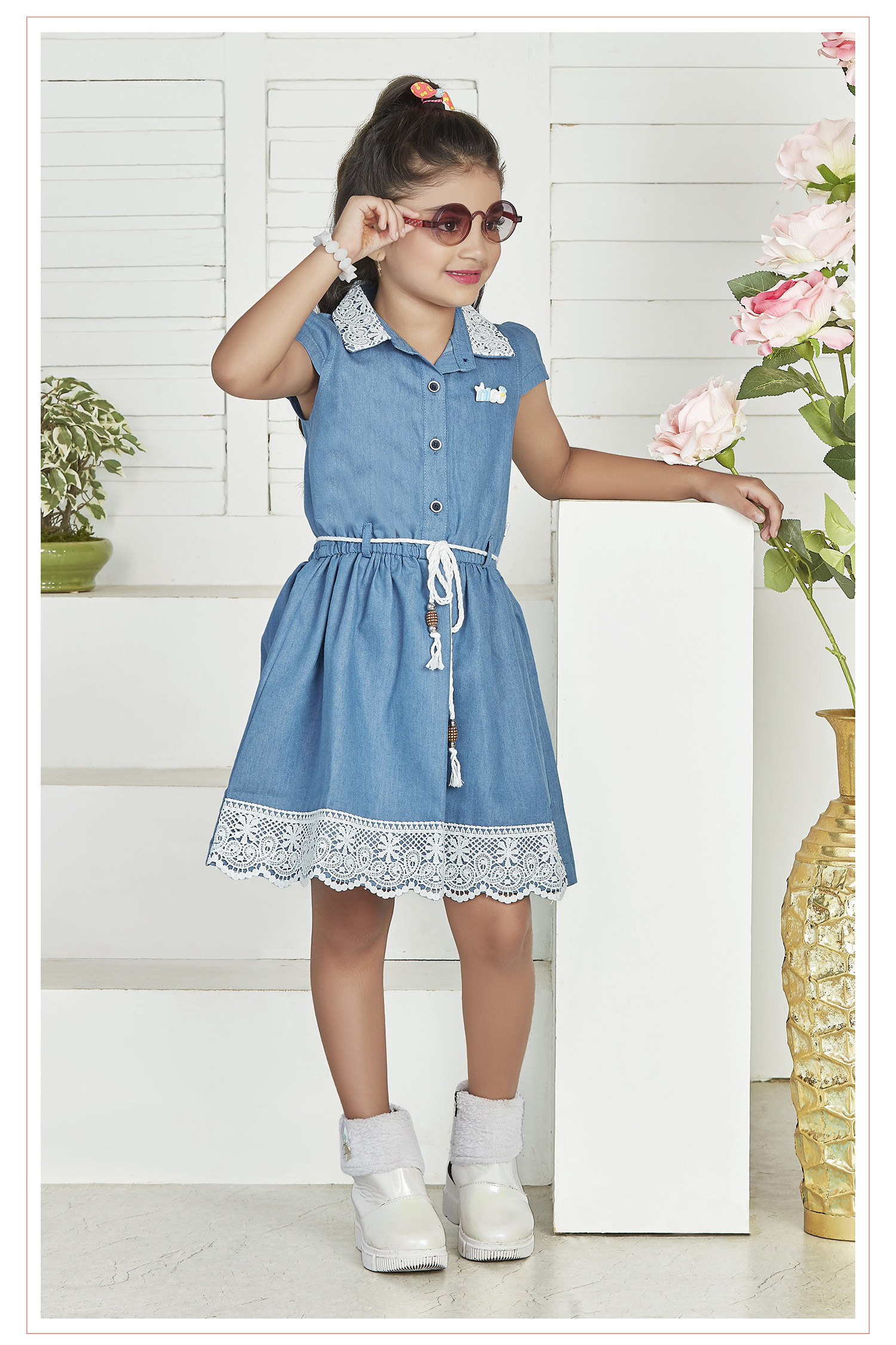 Denim Frock with belt | Buttoned | Fasionable | Modern | Knee Length | Frock for Girls Kids