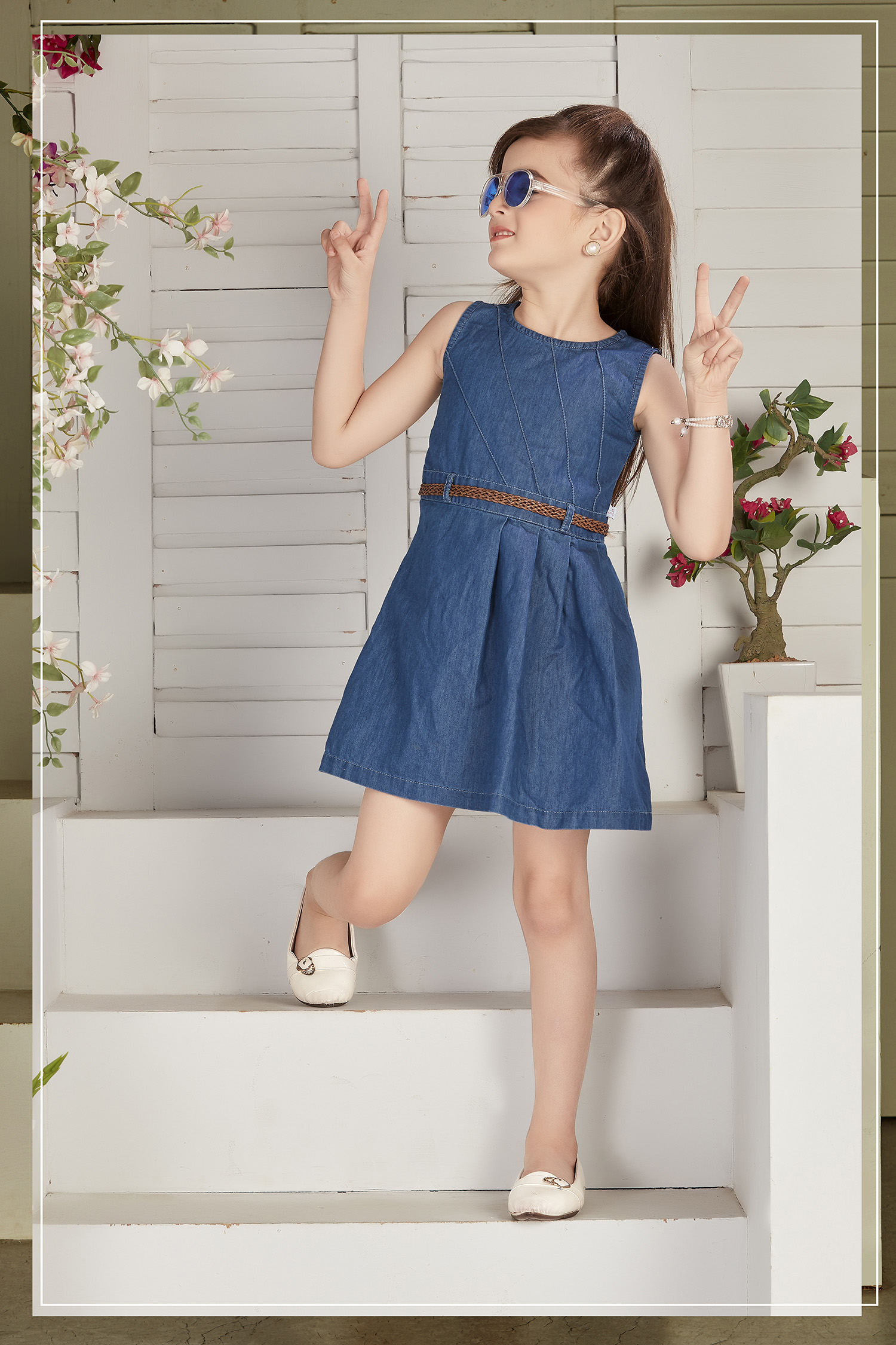 StyleStone Girls Blue Denim Sailor Dress with Belt