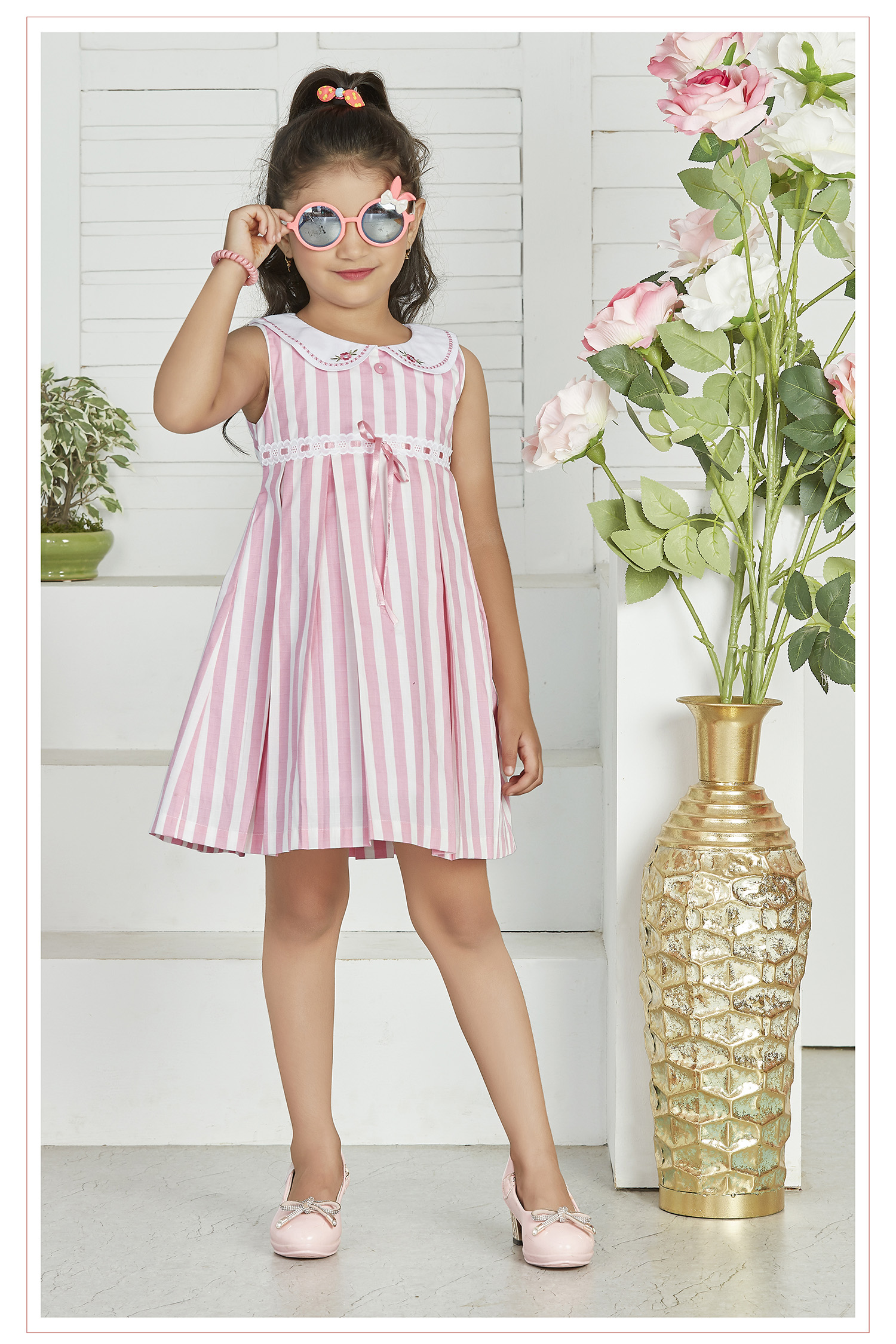 Pink Striped Casual Frock With Peter Pan Collar For Girls