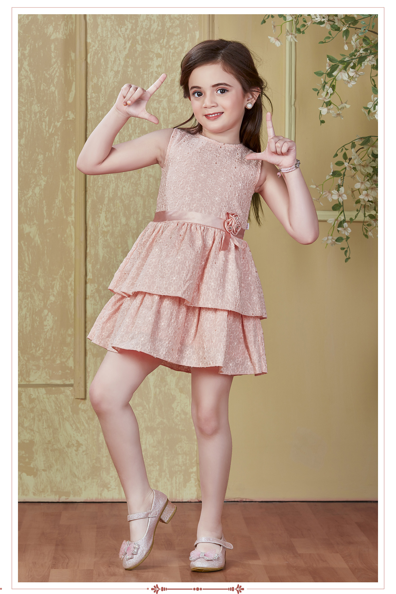 Sleeveless Pearl Embellished & Bow Applique Dress With Hair Band - Dusty Pink