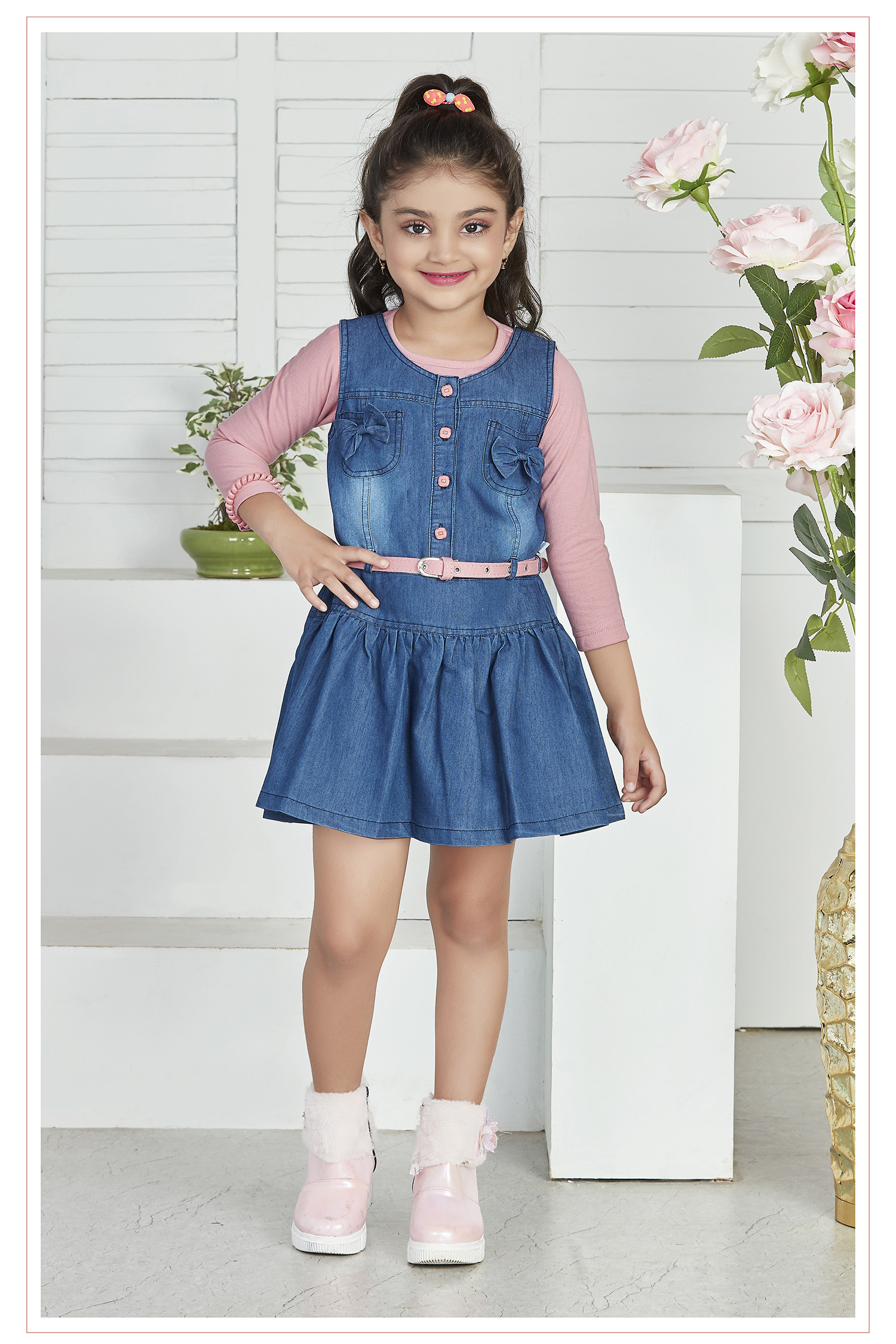 Kids Pink Pinafore Dress Denim, Corduroy Cotton Winter Summer Premium Dresses with Pockets 5 Years
