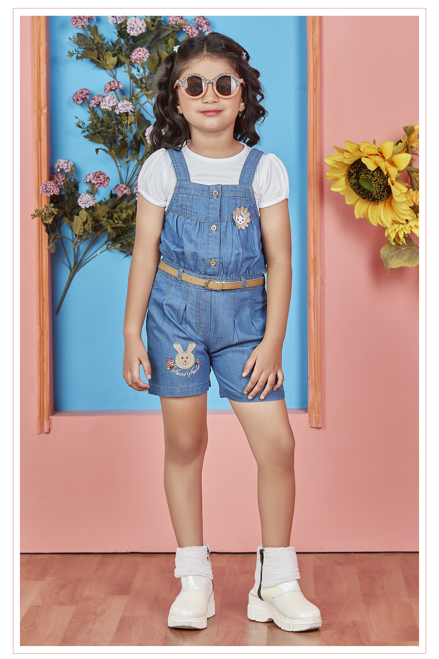 Kids White Pinafore Dress Denim Short Sleeve, Corduroy Cotton Winter Summer Premium Dresses with Belt