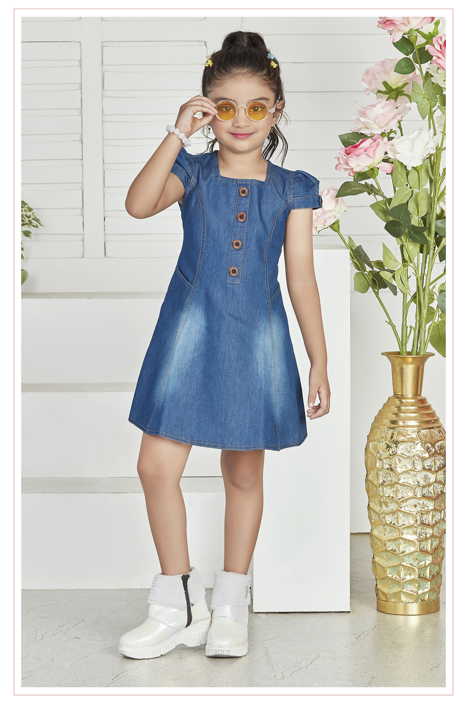 Half Sleeve Denim Frocks | Buttoned | Fasionable | Modern | Knee Length | Casual Dress| Frock for Girls Kids