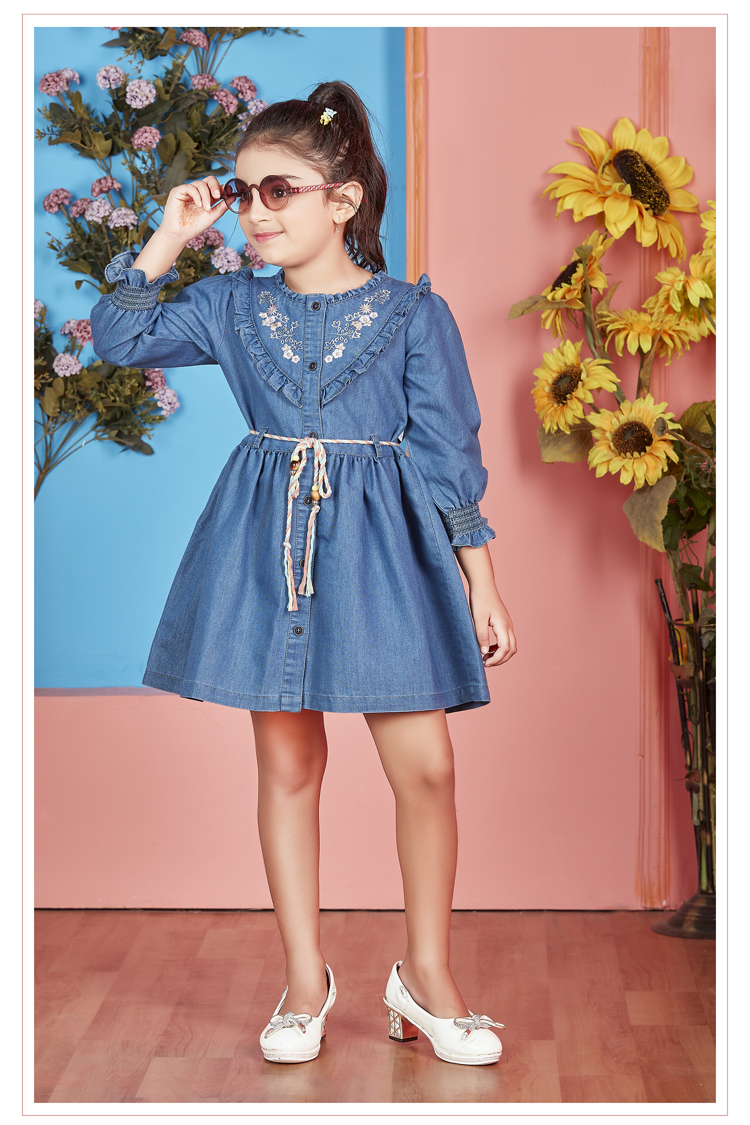 Dress for Girls | Casual denim wear for girls | Girls denim frock with buttons | Full hand balloon sleeves | Stylish collar with flare clothes for girls