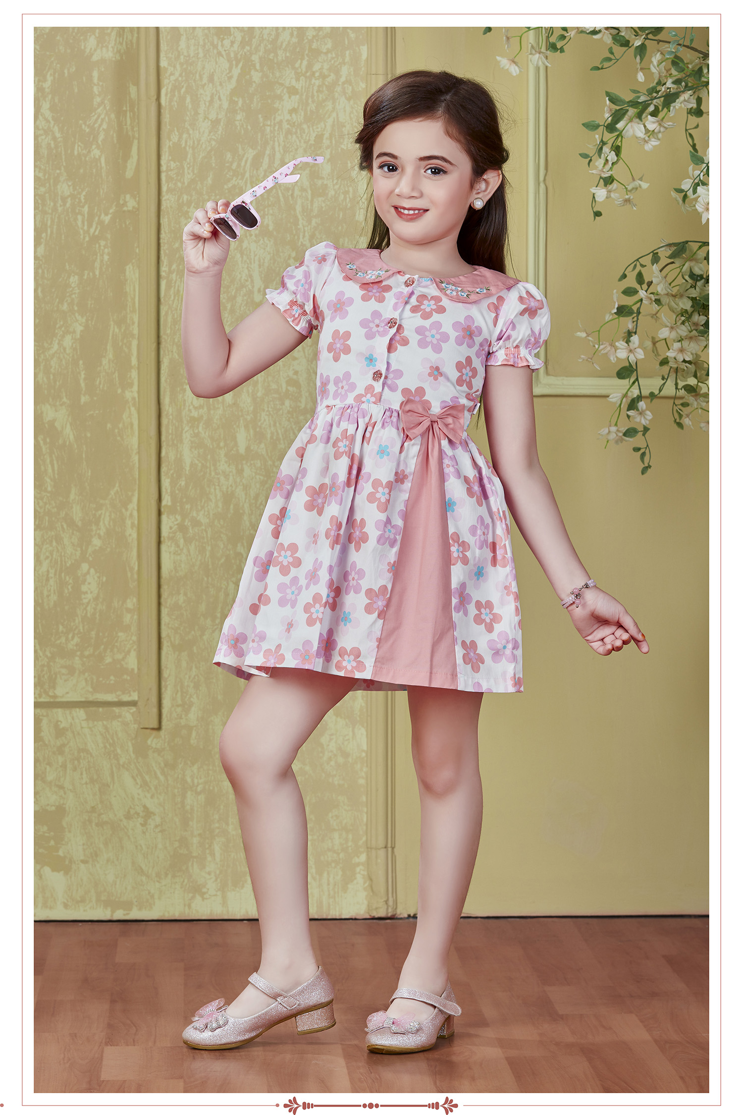 baby wish Girl Dress Knee Length Frock Floral Prints Girls Frocks Sleeve Dress Girls Cotton Frock TOP Pink Rose